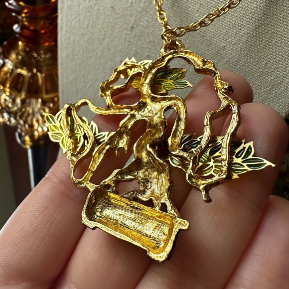Vintage Plique-a-Jour Bonsai Tree Lucky Pendant Necklace - Picture 4 of 6